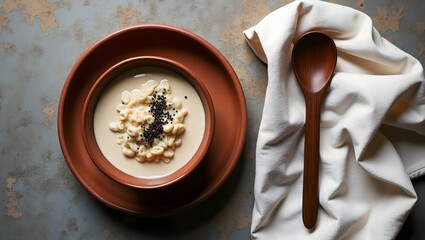 Fototapeta premium Rustic Ceramic Bowl with Creamy Soup and Seeds Top View
