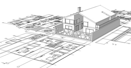 house architectural project sketch 3d illustration	
