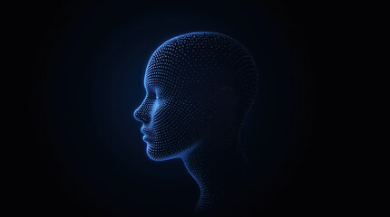 Obraz premium AI technology concept with a human head shape formed by blue light dots and lines on a black background, symbolizing digital communication and innovation.