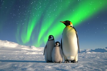 Fototapeta premium A penguin family silhouetted against the aurora borealis, standing on the frozen tundra
