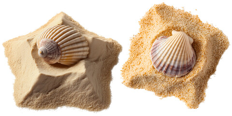 top view of square and star shape warm beige piles of soft dune sand with exotic shell on the top; summer element isolated over white (transparent) background