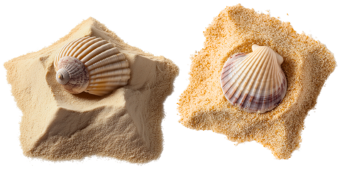top view of square and star shape warm beige piles of soft dune sand with exotic shell on the top; summer element isolated over white (transparent) background