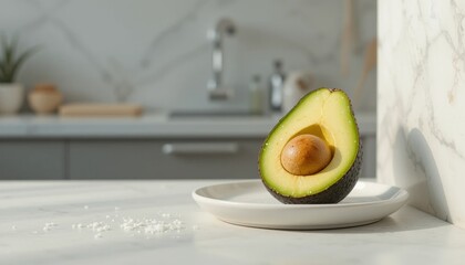 Closeup Of Half Ripe Avocado On White Plate In Modern Kitchen