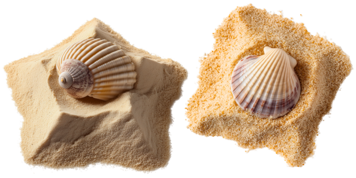 top view of square and star shape warm beige piles of soft dune sand with exotic shell on the top; summer element isolated over white (transparent) background