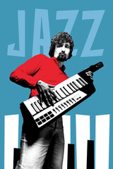 Man in red shirt playing keytar under JAZZ title with monochrome piano background in vibrant art collage. Concept of music, jazz, festival, concert. Poster, ad. Photocopy effect