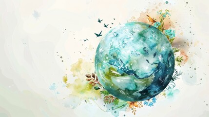 Watercolor Earth Globe Surrounded by Flowers and Birds for Earth Day Celebration