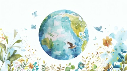 Naklejka premium Watercolor Earth surrounded by birds and flowers for a peaceful Earth Day illustration, promoting environmental awareness, painted