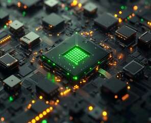 Obraz premium High-tech processor on circuit board. Illuminated components