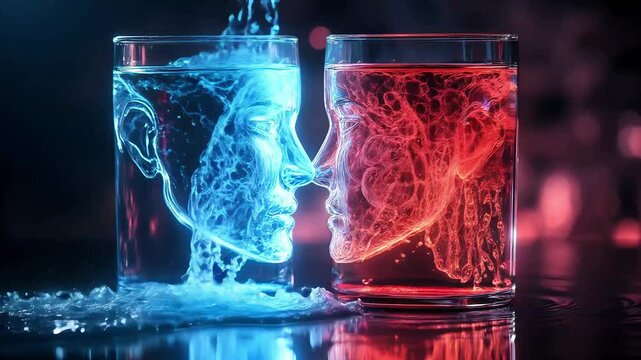 Creative A/B testing concept visualized with two glasses of colored liquid forming human faces. The blue and red fluids represent comparison, duality, and data-driven decision-making in design testing