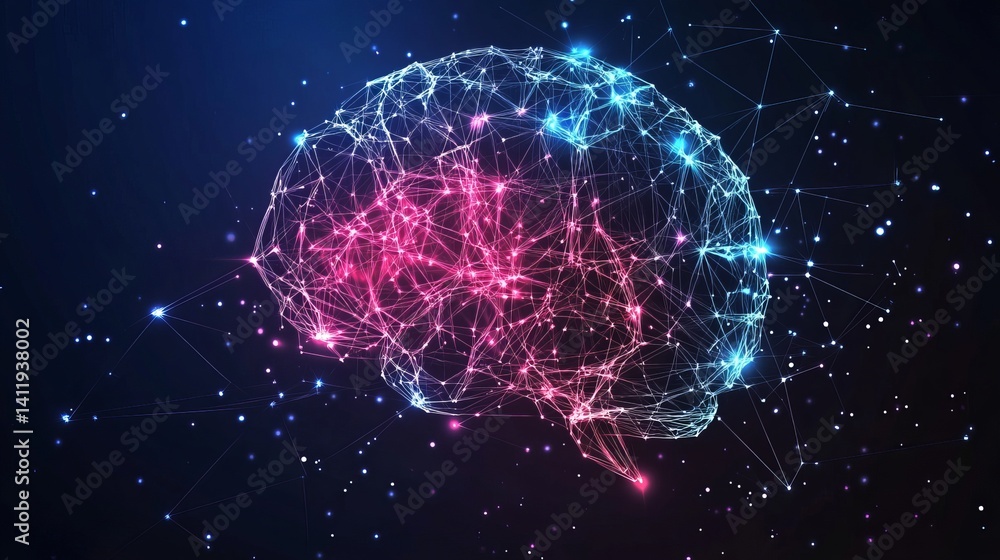 Aufkleber abstract brain neural network digital art pink blue technology data idea mesh nodes lines light star