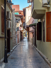 A quiet street of the old town in Antalya, Turkey.