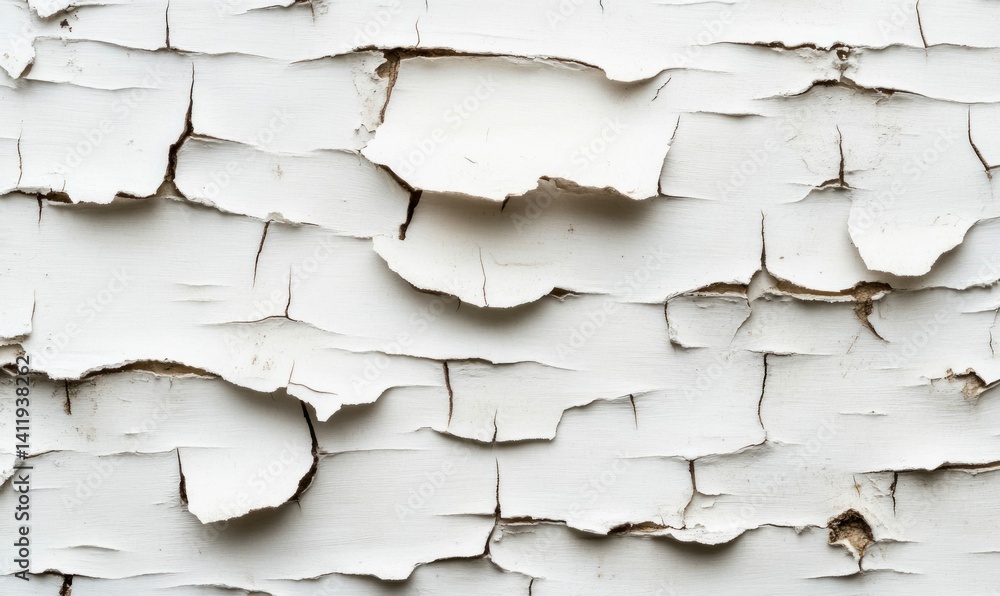 Poster layers of peeling white paint reveal textures and patterns on a heavily weathered surface.