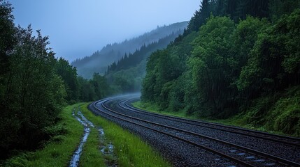 Fototapeta premium Misty mountain railway tracks winding through lush forest at dawn