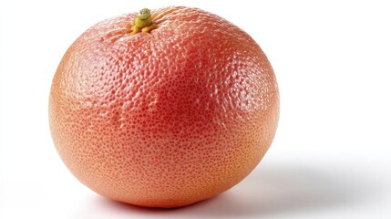 A perfect grapefruit, its pink flesh hinted through its thick rind, sitting on a plain white backdrop - texture colorful flesh