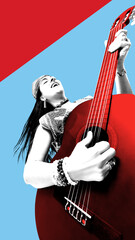 Smiling woman with long hair playing red guitar, leaning back with joy against diagonal red-blue...