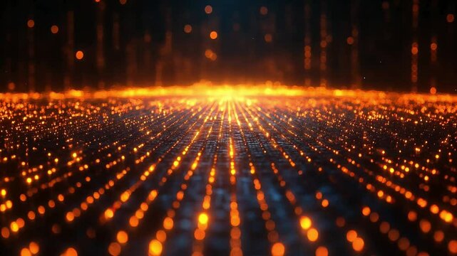 A glowing digital surface filled with orange lights creates a dynamic depth effect, enhanced by a dolly zoom-in motion. Ideal for futuristic tech, data flow, and virtual environment concepts.