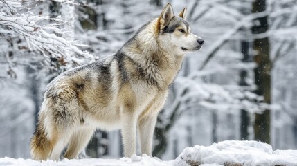 Fototapeta premium A Siberian Husky stands amidst a snowy landscape, its powerful physique highlighted against the stark white background - arctic weather markings outdoors powerful