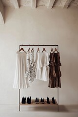 Minimalist Display of White Linen Dresses, Palm Shadows, and Soft Tropical Aesthetic. Women's Fashion Clothes, Stylish Female Wearing on Hanger, Fashion Blog