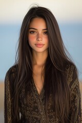 Fototapeta premium Beautiful Indian and Japanese young woman with flawless features and long silky hair
