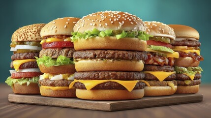 A stack of tempting hamburgers, showcasing the abundance and appeal of the fast food - high pile hamburgers delicious