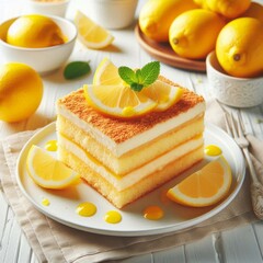 Delicious slice lemon tiramisu cake on white plate. Dessert on white wood table with lemons. Tasty dessert, cafe restaurant menu, party snack.