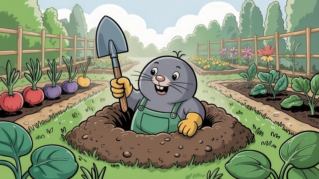Sweet cartoon illustration of a small mole character wearing tiny overalls and gardening gloves, popping its head out of a molehill in a vibrant vegetable garden
