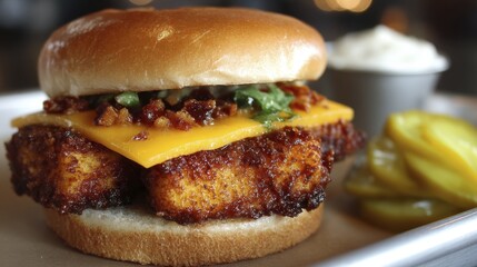 Crispy fried ham, cheddar cheese, and bacon bits inside a toasted bun with a side of pickles - culinary fried ham bread styling cheddar