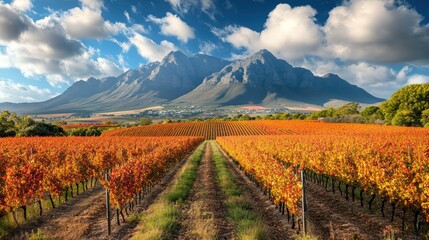 Fototapeta premium Scenic autumn vineyard landscape featuring mountains under a cloudy sky