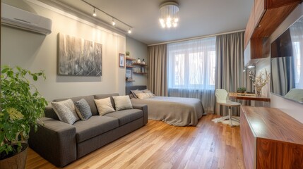 Fototapeta premium interior design. interior photography of an apartment for rent. One-room apartment with a simple and cozy design. High quality photo