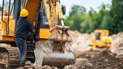 Fototapeta premium A laborer operating an excavator at a construction site. Featuring power and focus