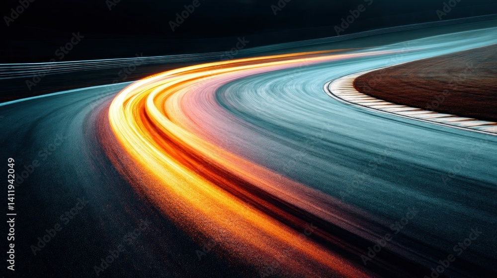 Poster an abstract shot of a racetrack curve, featuring light trails. the streaks of light curve with the t