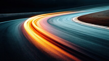 An abstract shot of a racetrack curve, featuring light trails. The streaks of light curve with the track, creating a dynamic and energetic feel.