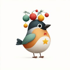 Obraz premium Festive bullfinch bird with Christmas baubles and golden star detail, cartoon red-breasted character in holiday colors, minimal white background. Vector Design, Isolated..