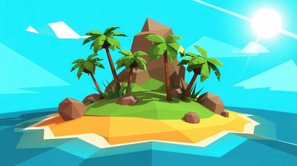 Obraz premium Stylized low-poly 3D render of a small tropical island with faceted palm trees, angular rocks, and simple geometric waves lapping the polygonal sand beach