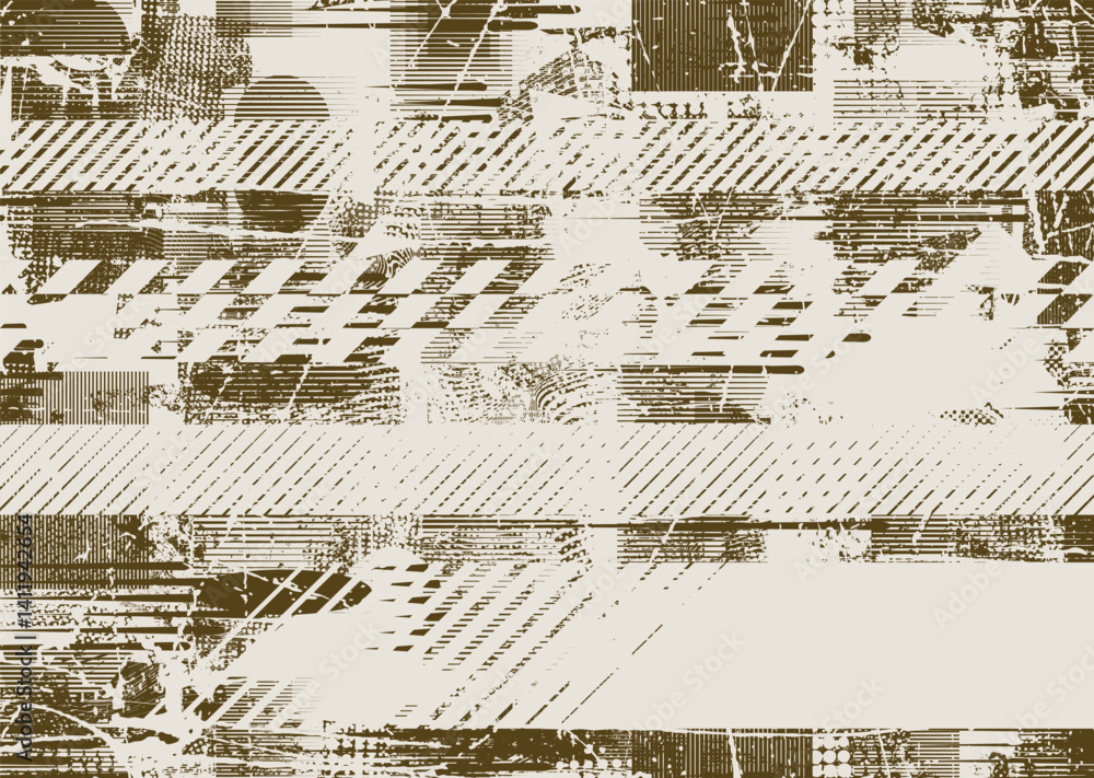 Poster Background with glitch distorted grunge textures . grunge background texture with halftone dots, glitched shapes, textures and lines .Screen print vector background with grunge textured surface.