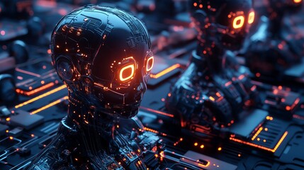 Fototapeta premium Futuristic robot head with glowing orange lights digital art ai 3d dark tech image cyborg modern