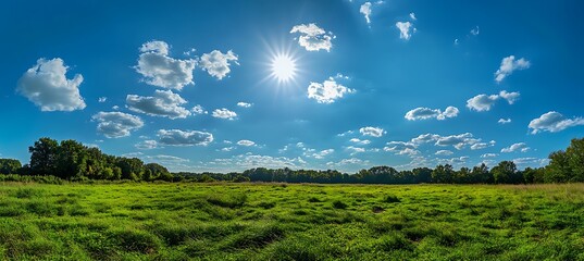 Obraz premium Blue sky with sun and green grass background banner