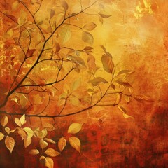 Fall Tree Branch with Golden Leaves on Grunge Orange Background - Warm Autumnal Texture, Textured Backdrop