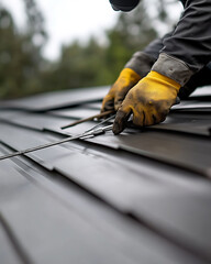 Roofing worker inspecting a roof for damage. Featuring attention to detail and roof maintenance
