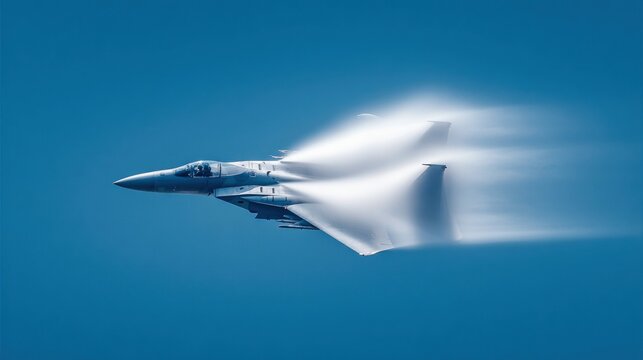 A fighter jet streaks across the sky at high speed, leaving a vapor cone in its wake, highlighting power.