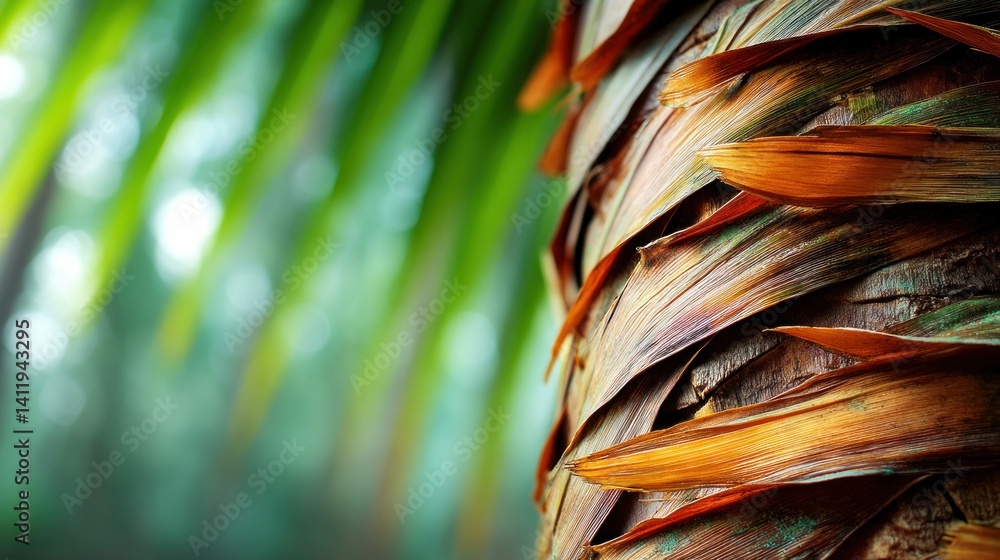 Aufkleber close-up view of a palm tree trunk and its textured bark. the image captures the interplay of light,