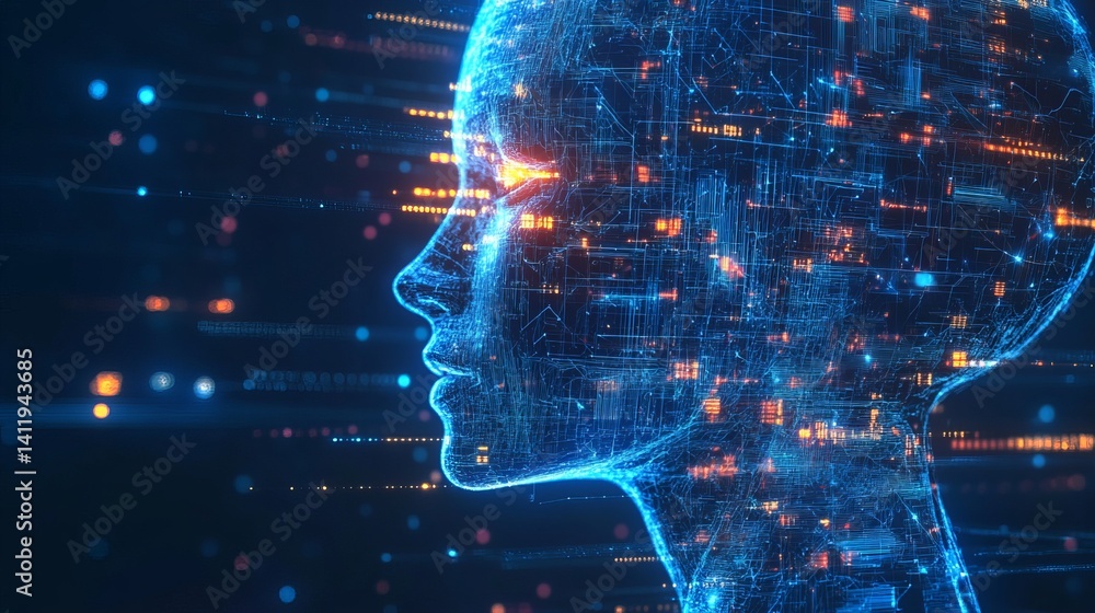 Poster digital human head artificial intelligence network technology concept ai data code blue glow cyber