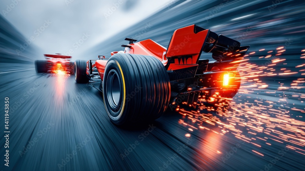 Poster a dynamic shot of a speeding red formula one race car on a track, with fiery sparks trailing behind 