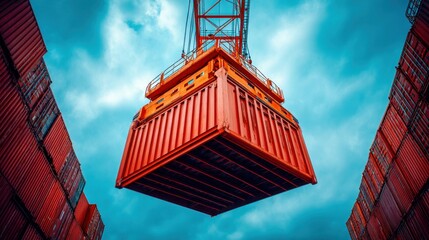 A vibrant image of a cargo container being lifted by a crane against a cloudy blue sky, conveying global trade.