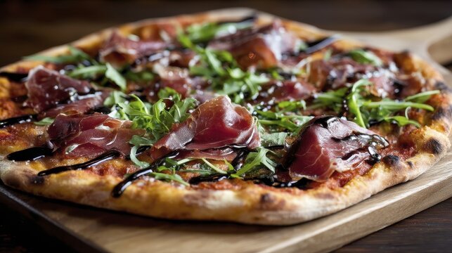 Golden-brown pizza with prosciutto and arugula, fresh from the wood-fired oven - culinary thin rocket prosciutto pizza - Powered by Adobe