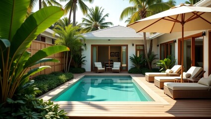 Fototapeta premium Inviting pool area with a cozy lounge chair and stylish umbrella surrounded by lush tropics for ultimate relaxation