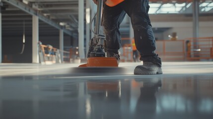 A laborer polishing a concrete floor in a construction area. Featuring attention to detail