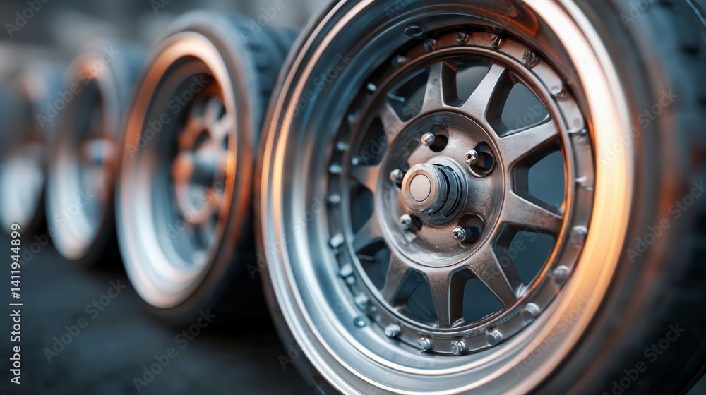 Poster close-up view of a row of alloy wheels, emphasizing the intricate design and metallic shine. the rim