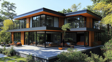 Modern two story house with black framed windows and lush surroundings