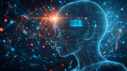 Obraz premium Abstract digital human head network artificial intelligence concept ai data mind blue dark glow mesh